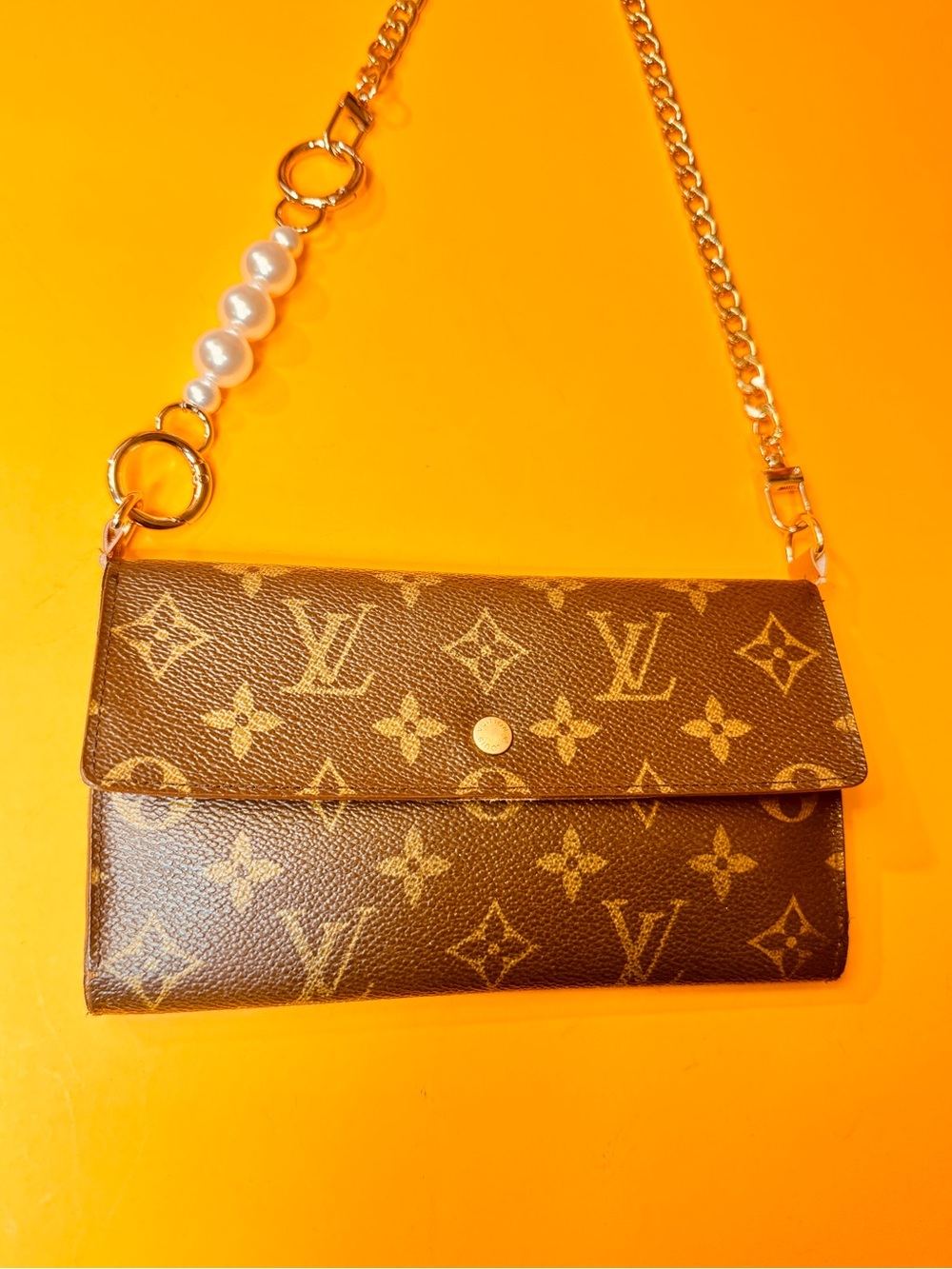 Louis Vuitton Brown Monogram Wallet Crossbody with Pearl Charm and Gold Chain - Picture 3 of 14